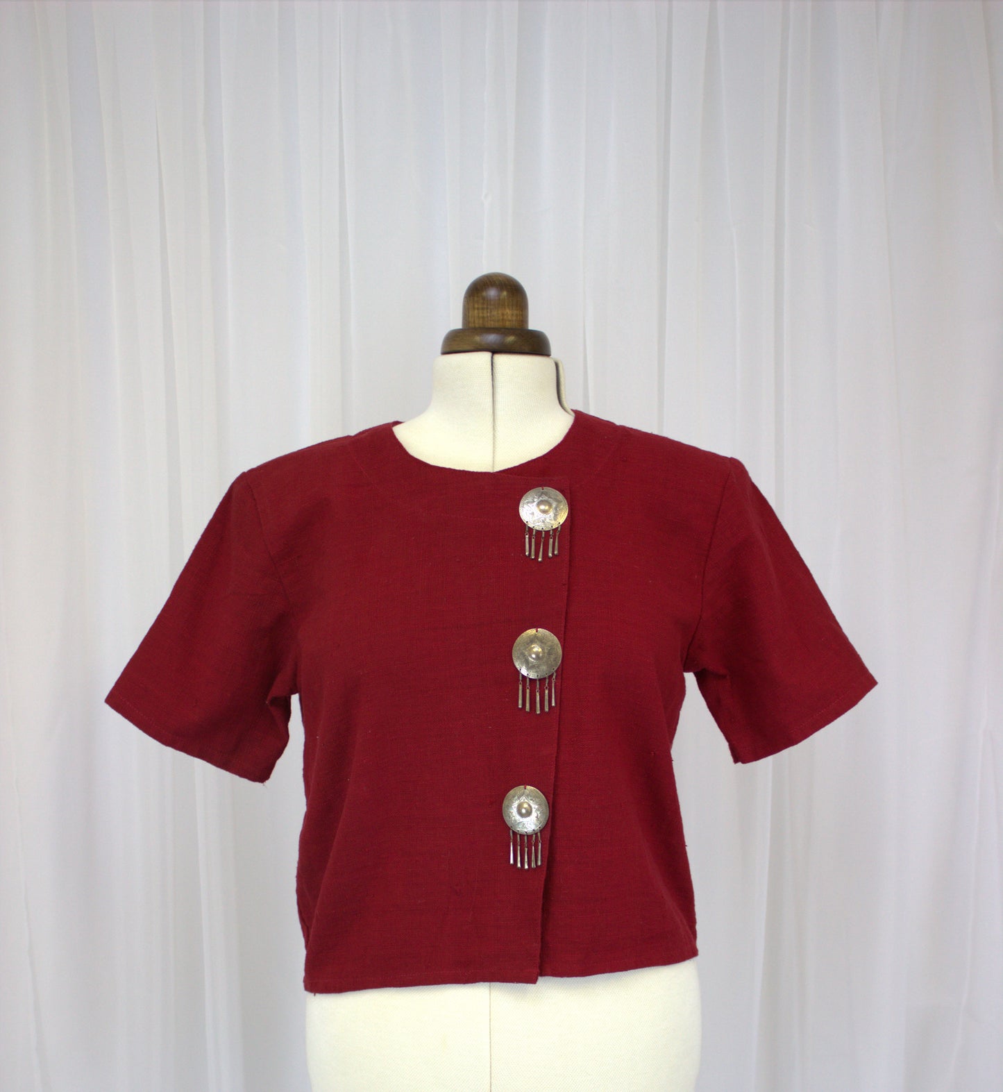 Vintage Charm Red Thai Blazer with Ceremonial Buttons - Size 12-14