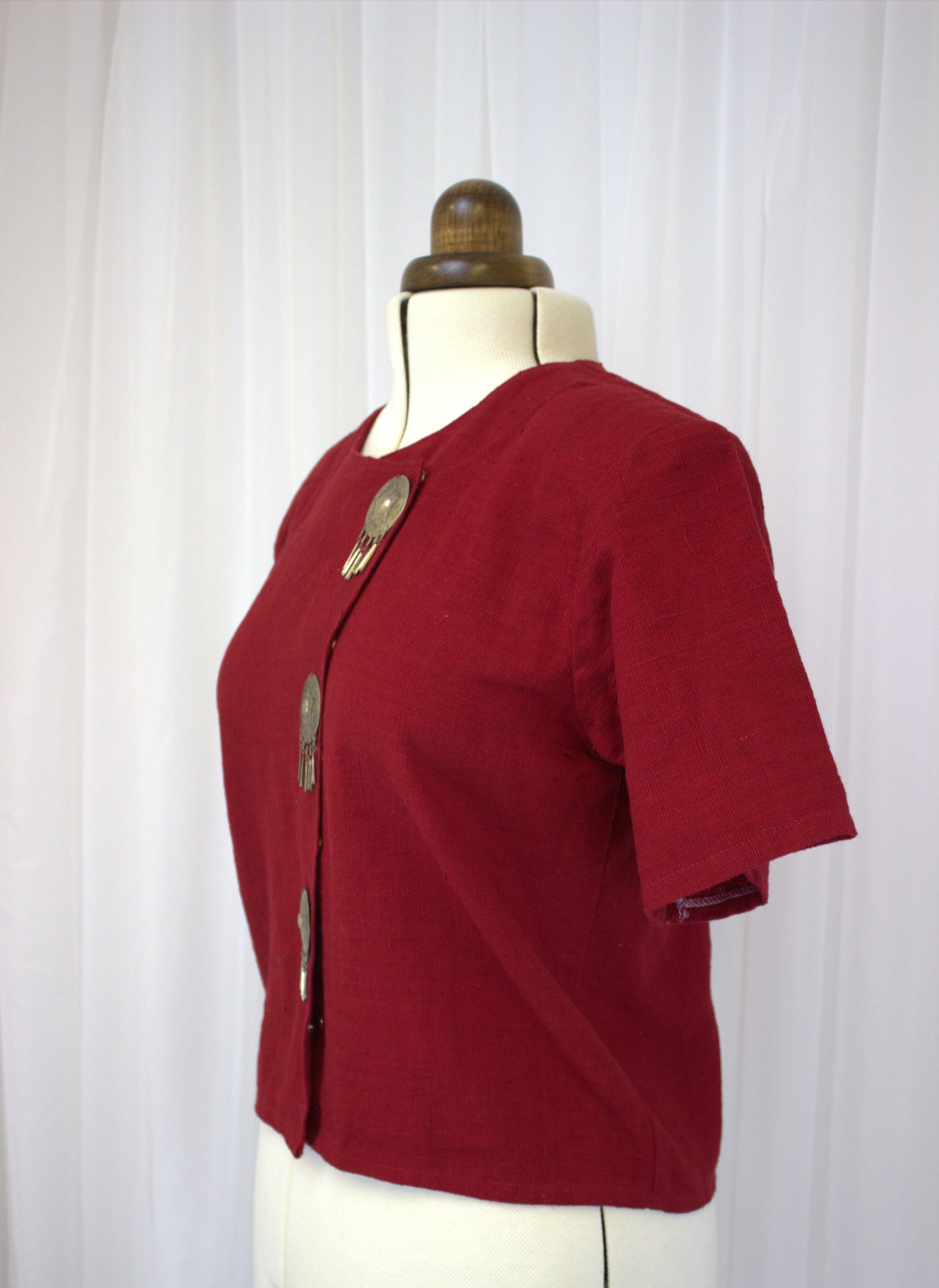 Vintage Charm Red Thai Blazer with Ceremonial Buttons - Size 12-14