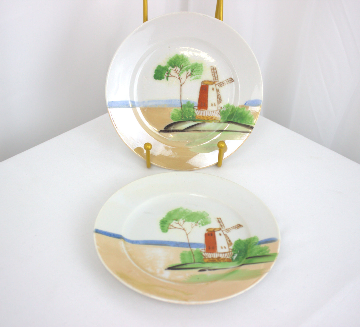 Charming Handpainted Japanese Plates with Windmill Design