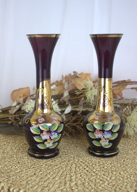 Vintage Czech Bohemian Hand-Painted & Gilded Glass Vases - A Rare Plum-Colored Pair