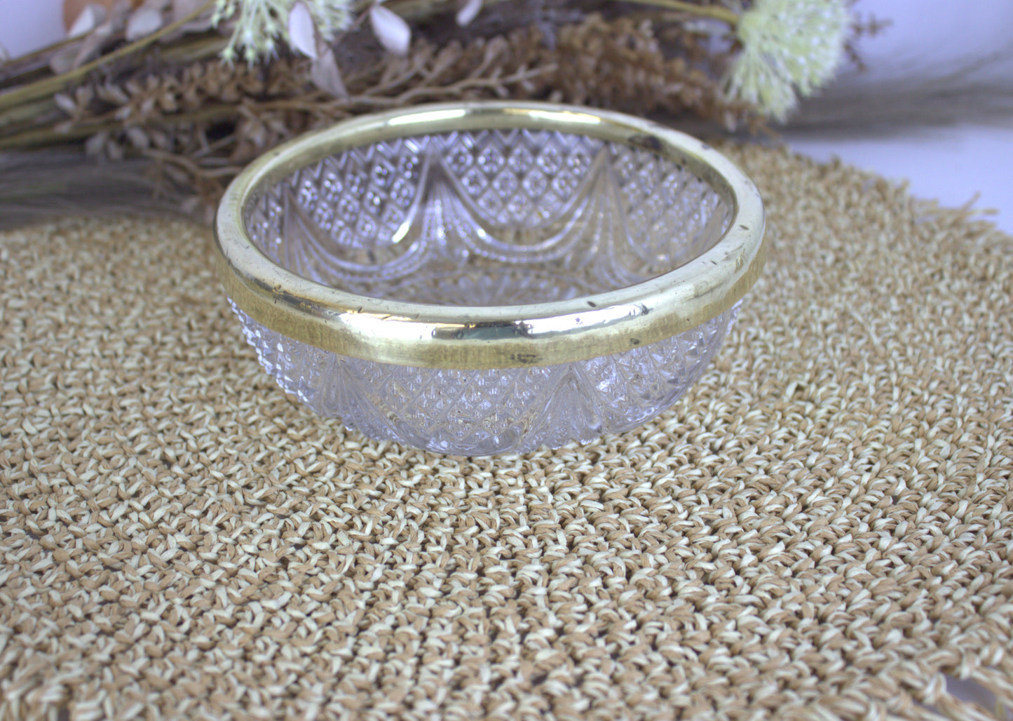 Vintage Brass-Trimmed Crystal Cut Glass Fruit Bowl - A Touch of Vintage Elegance