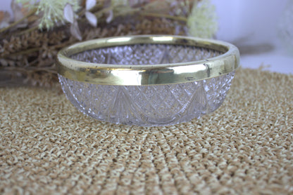 Vintage Brass-Trimmed Crystal Cut Glass Fruit Bowl - A Touch of Vintage Elegance