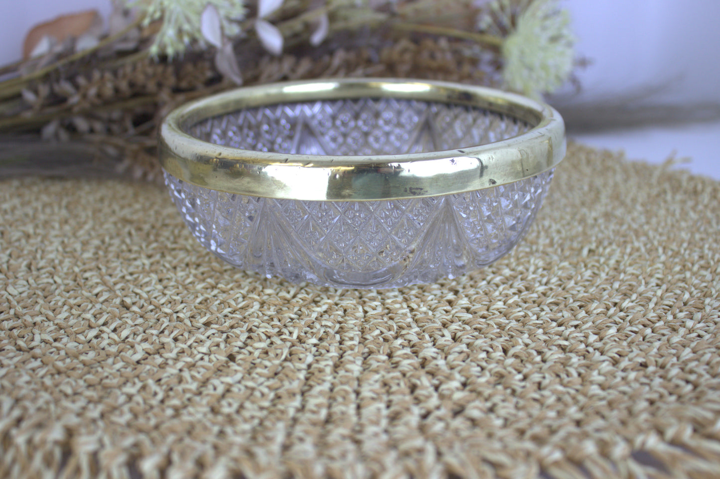 Vintage Brass-Trimmed Crystal Cut Glass Fruit Bowl - A Touch of Vintage Elegance