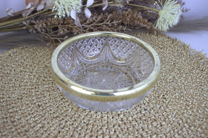 Vintage Brass-Trimmed Crystal Cut Glass Fruit Bowl - A Touch of Vintage Elegance