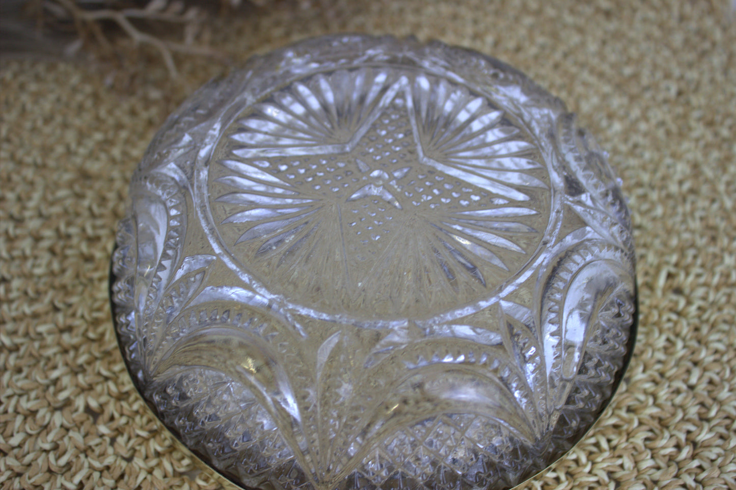 Vintage Brass-Trimmed Crystal Cut Glass Fruit Bowl - A Touch of Vintage Elegance