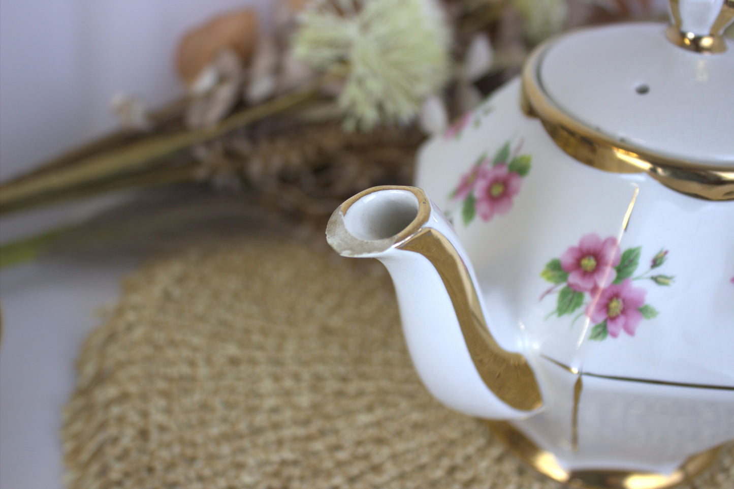 Vintage Gibson's Hexagonal Pink Rose Tea Pot - Chipped - Please see description