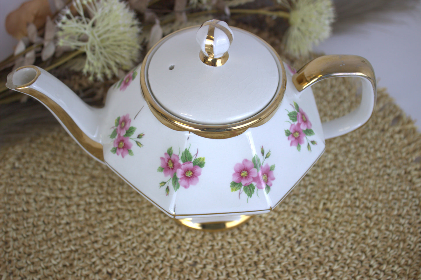 Vintage Gibson's Hexagonal Pink Rose Tea Pot - Chipped - Please see description