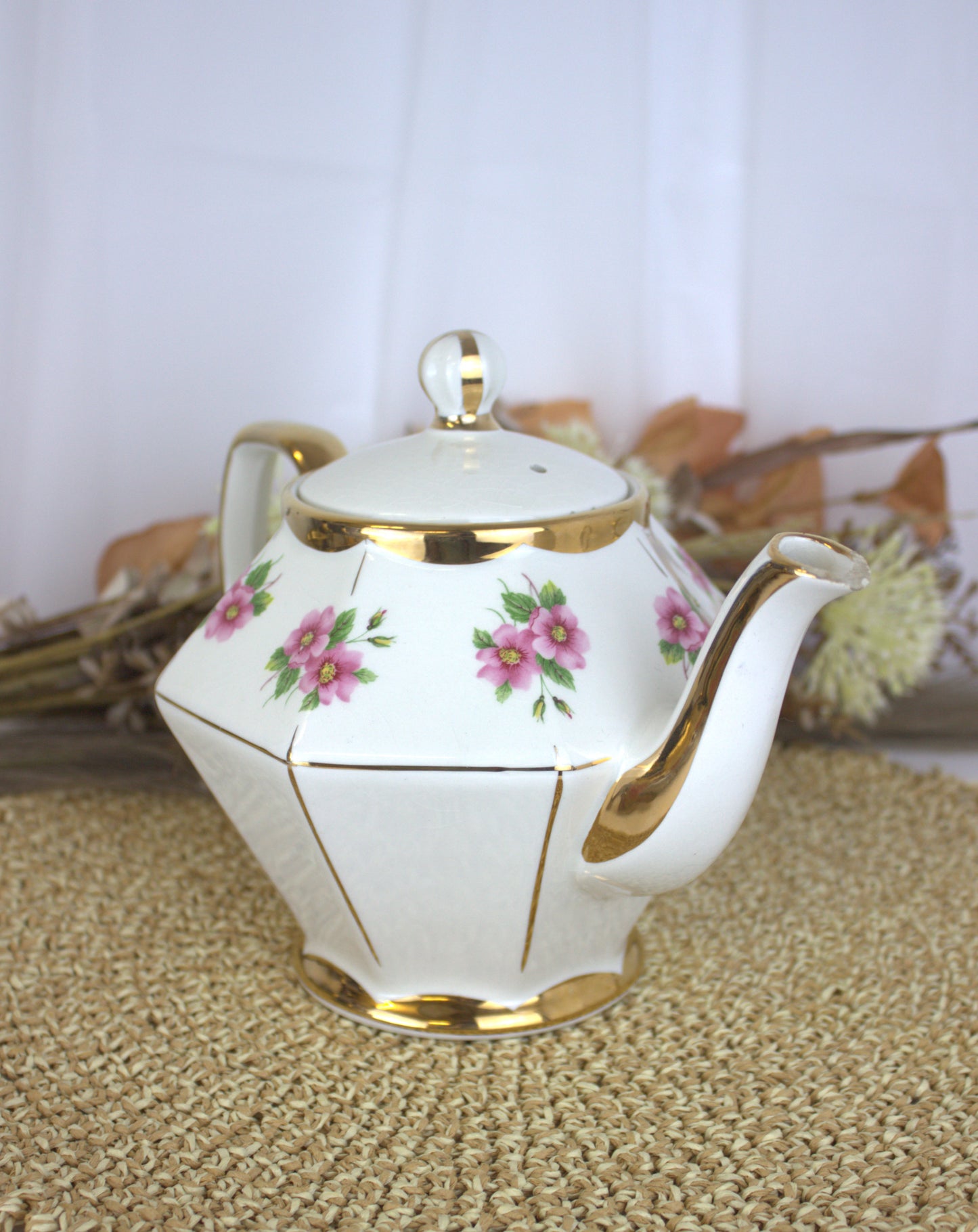 Vintage Gibson's Hexagonal Pink Rose Tea Pot - Chipped - Please see description