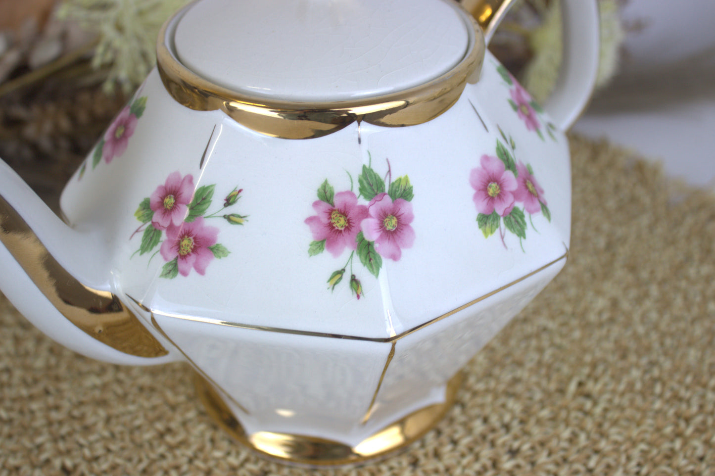 Vintage Gibson's Hexagonal Pink Rose Tea Pot - Chipped - Please see description