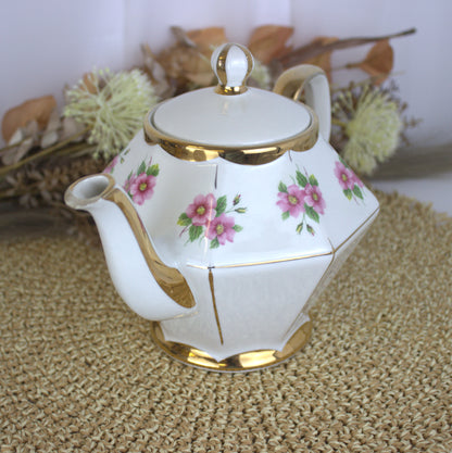 Vintage Gibson's Hexagonal Pink Rose Tea Pot - Chipped - Please see description