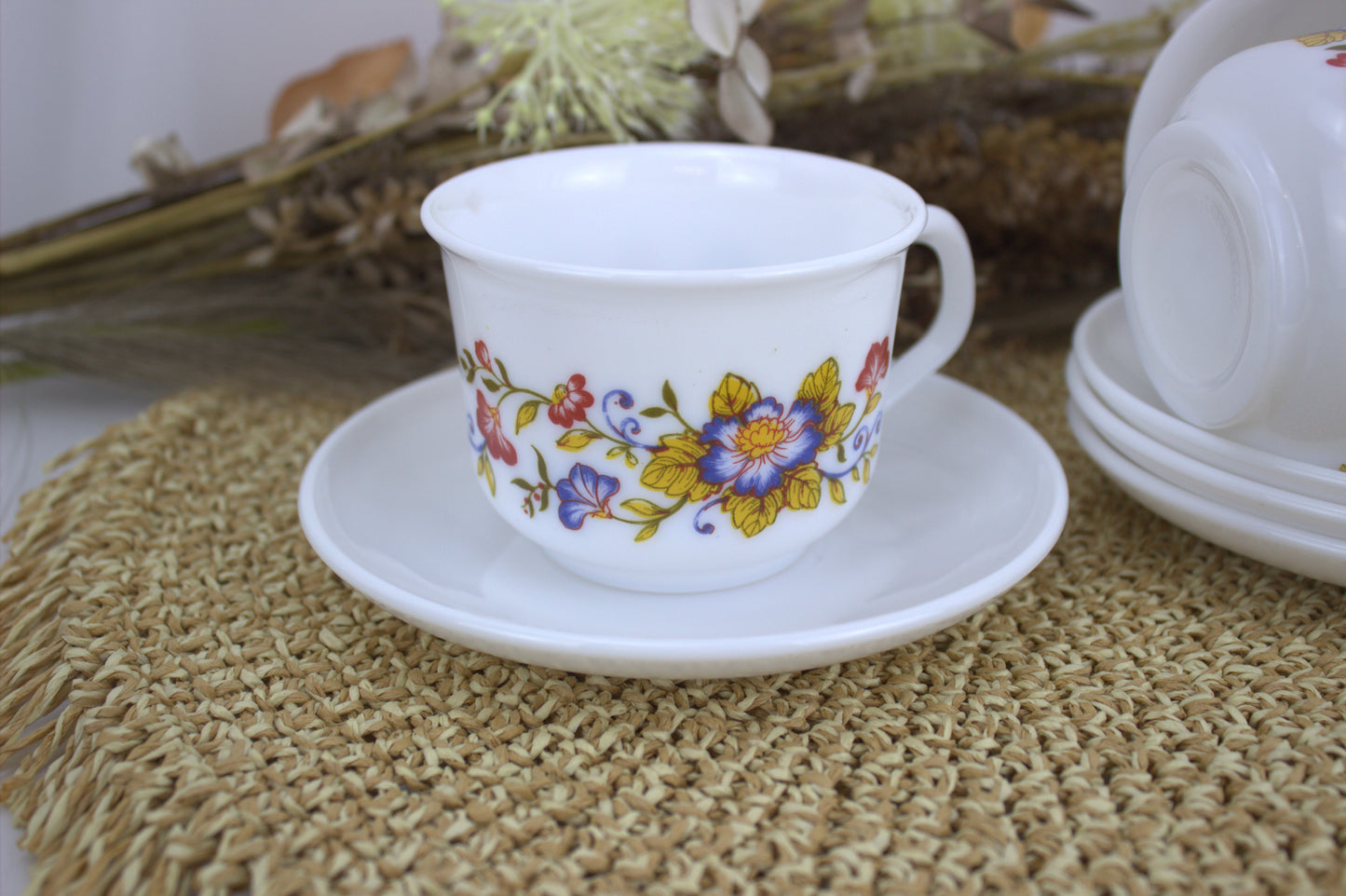 Delightful Set of 4 Vintage Arcopal Pyrex Cups and Saucers