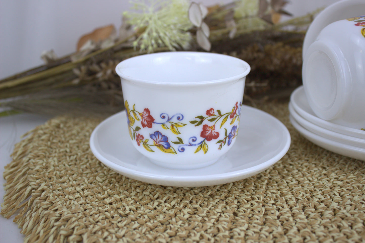 Delightful Set of 4 Vintage Arcopal Pyrex Cups and Saucers