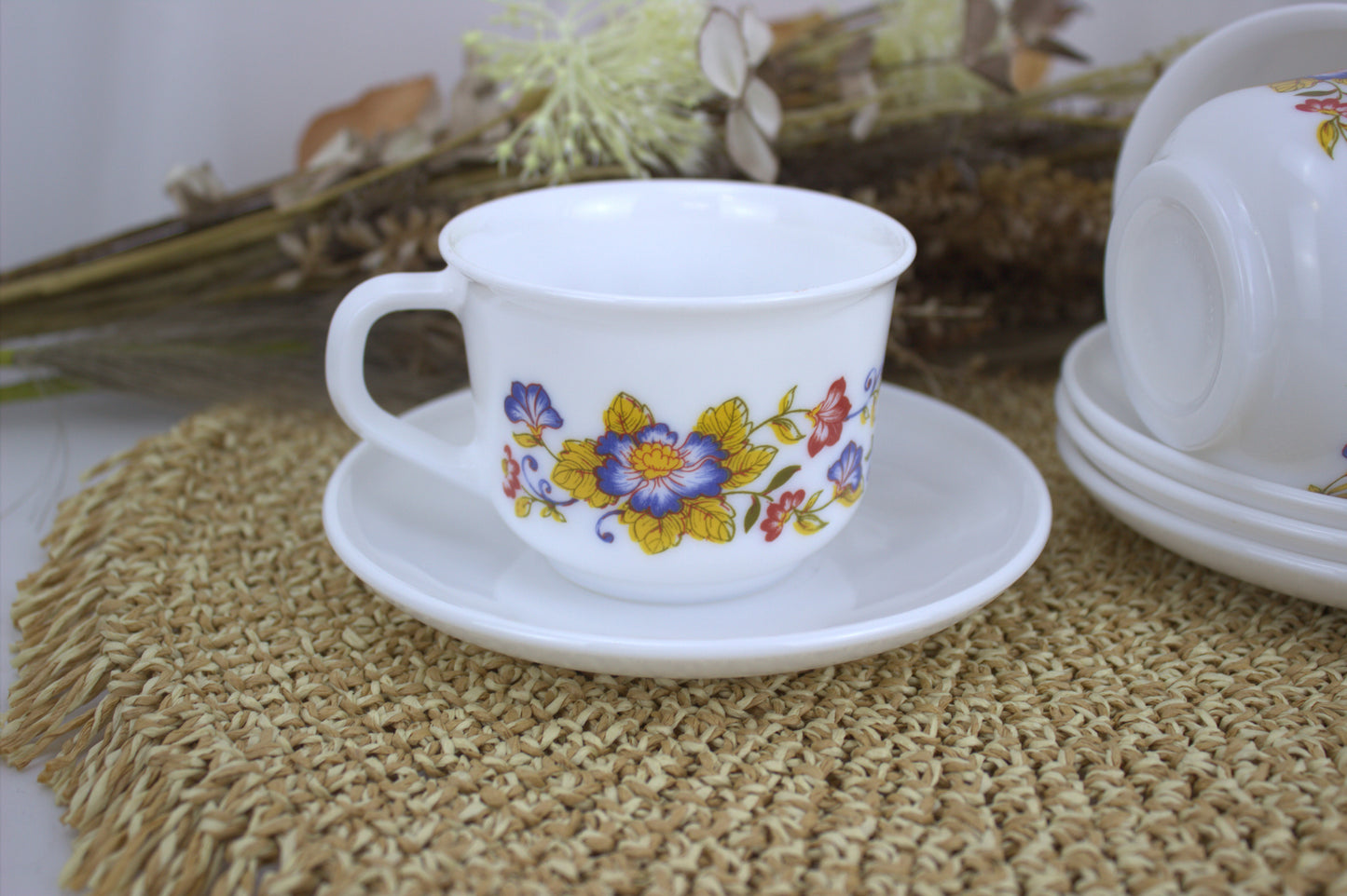 Delightful Set of 4 Vintage Arcopal Pyrex Cups and Saucers