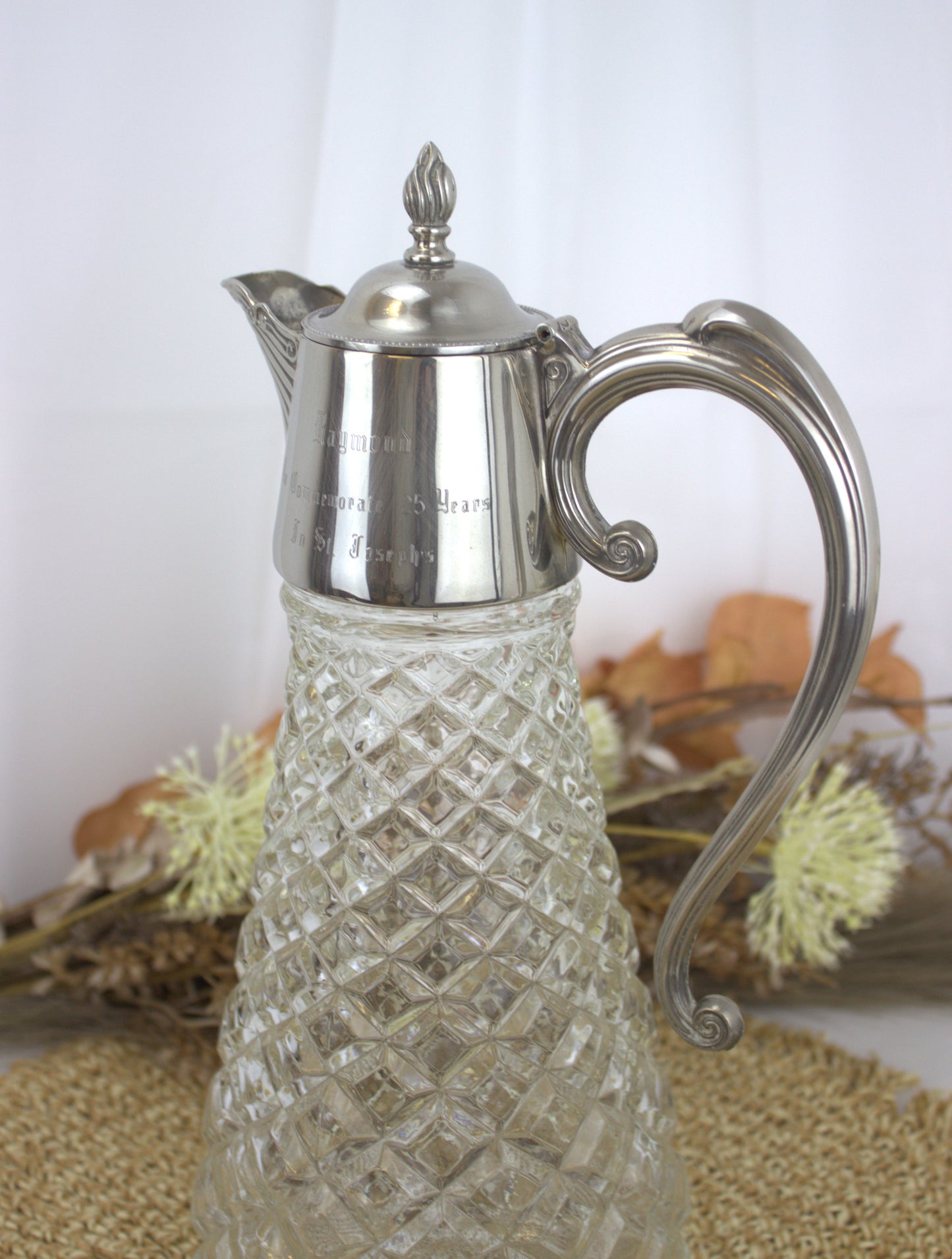 Vintage Claret Jug with Silver Plated Top - Engraved - Please see pictures