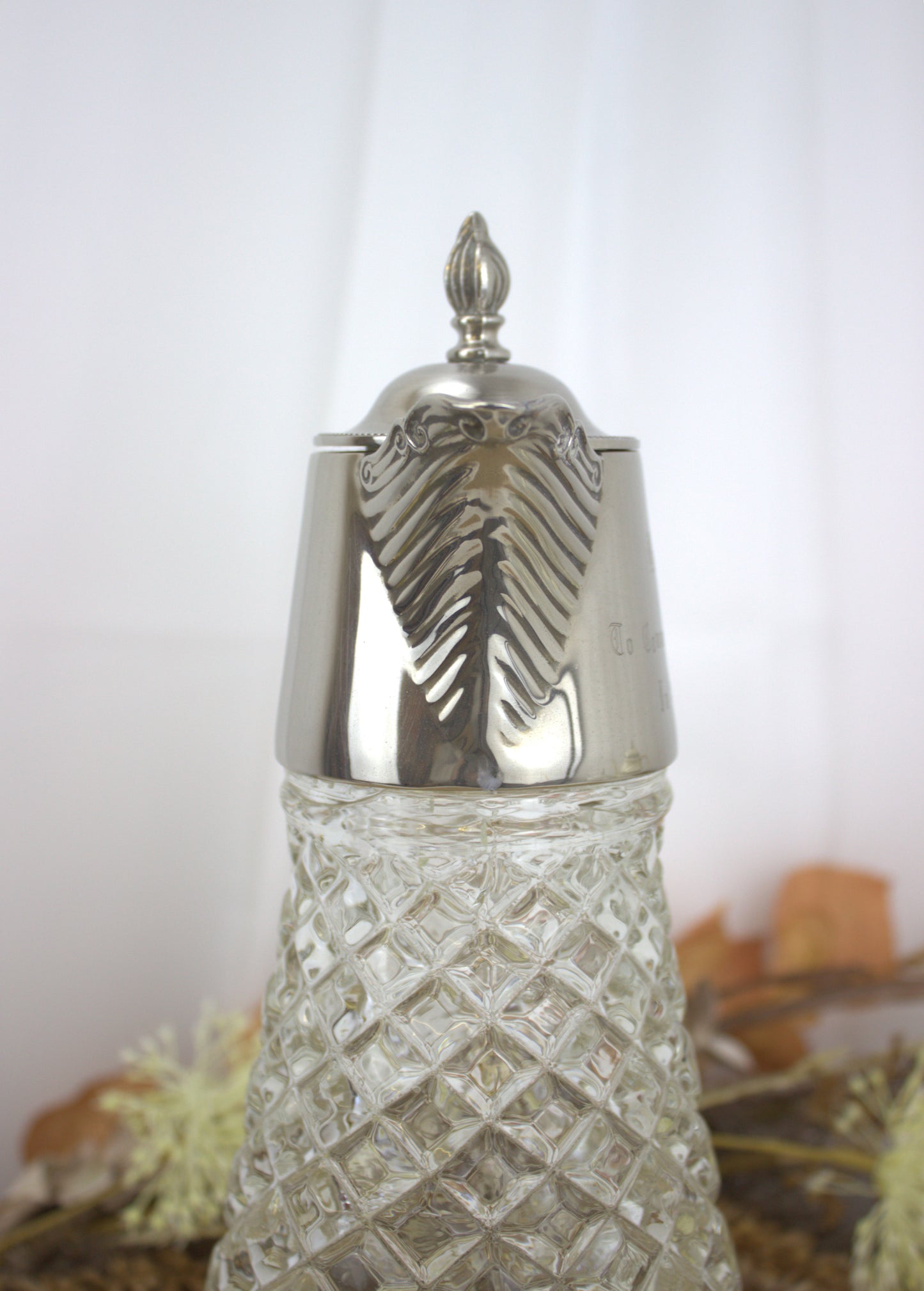 Vintage Claret Jug with Silver Plated Top - Engraved - Please see pictures