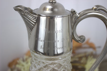 Vintage Claret Jug with Silver Plated Top - Engraved - Please see pictures