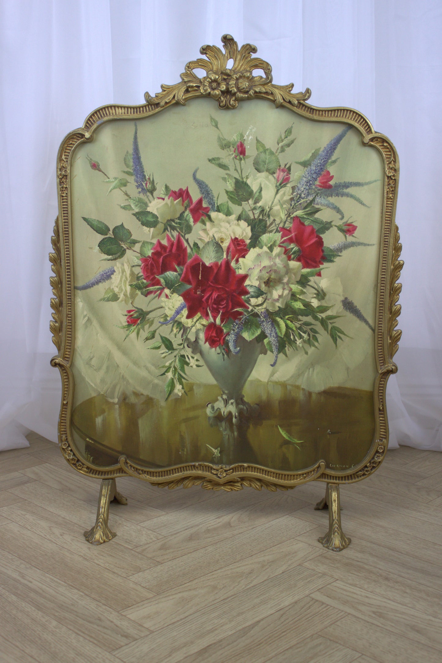 Rare Vintage Peerart Rococo Style Fire Guard Screen – Floral Print by Vernon Ward