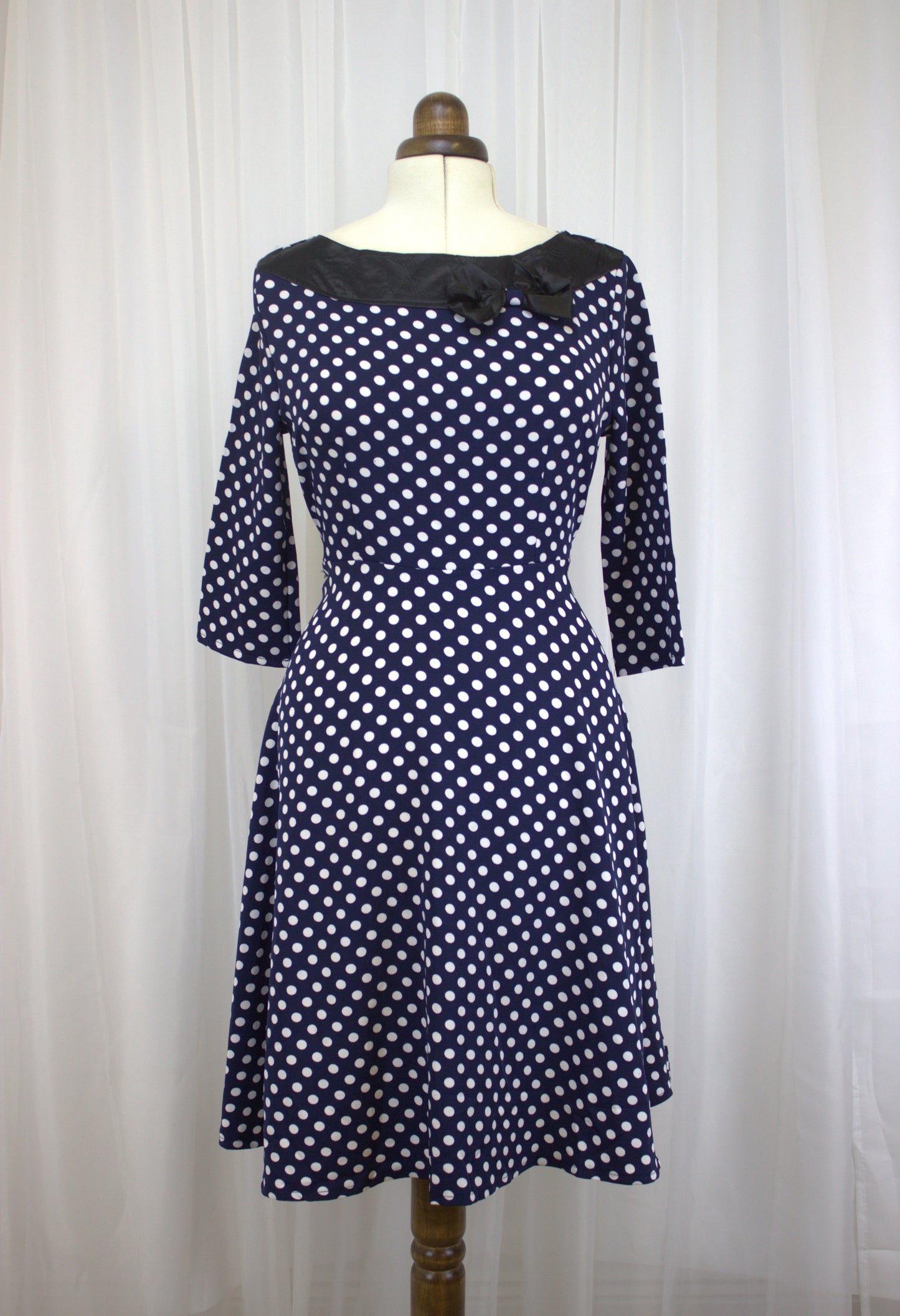 Navy & White Polka Dot Dress with Satin Trim – Size 12