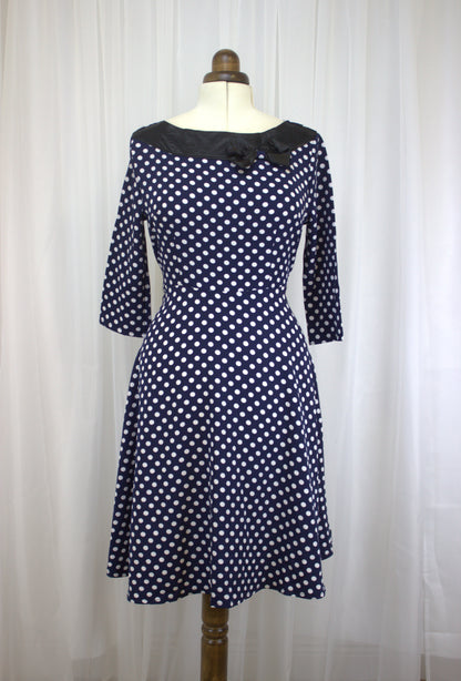 Navy & White Polka Dot Dress with Satin Trim – Size 12