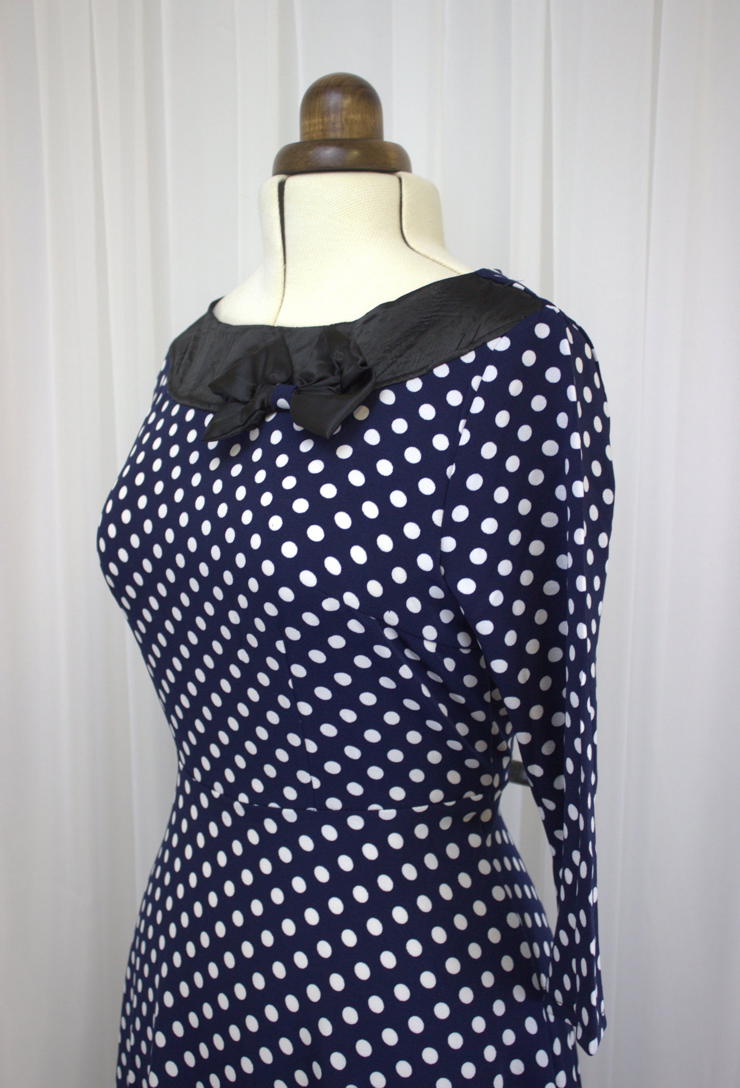 Navy & White Polka Dot Dress with Satin Trim – Size 12