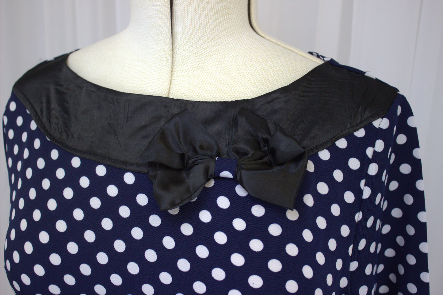 Navy & White Polka Dot Dress with Satin Trim – Size 12