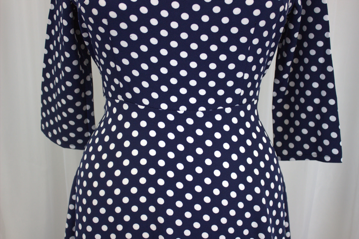 Navy & White Polka Dot Dress with Satin Trim – Size 12