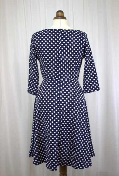 Navy & White Polka Dot Dress with Satin Trim – Size 12