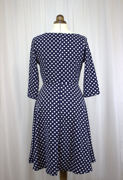 Navy & White Polka Dot Dress with Satin Trim – Size 12