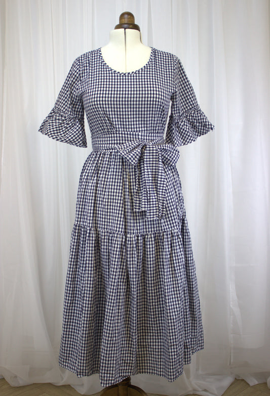 Handmade Navy & White Gingham Dress – Size 14