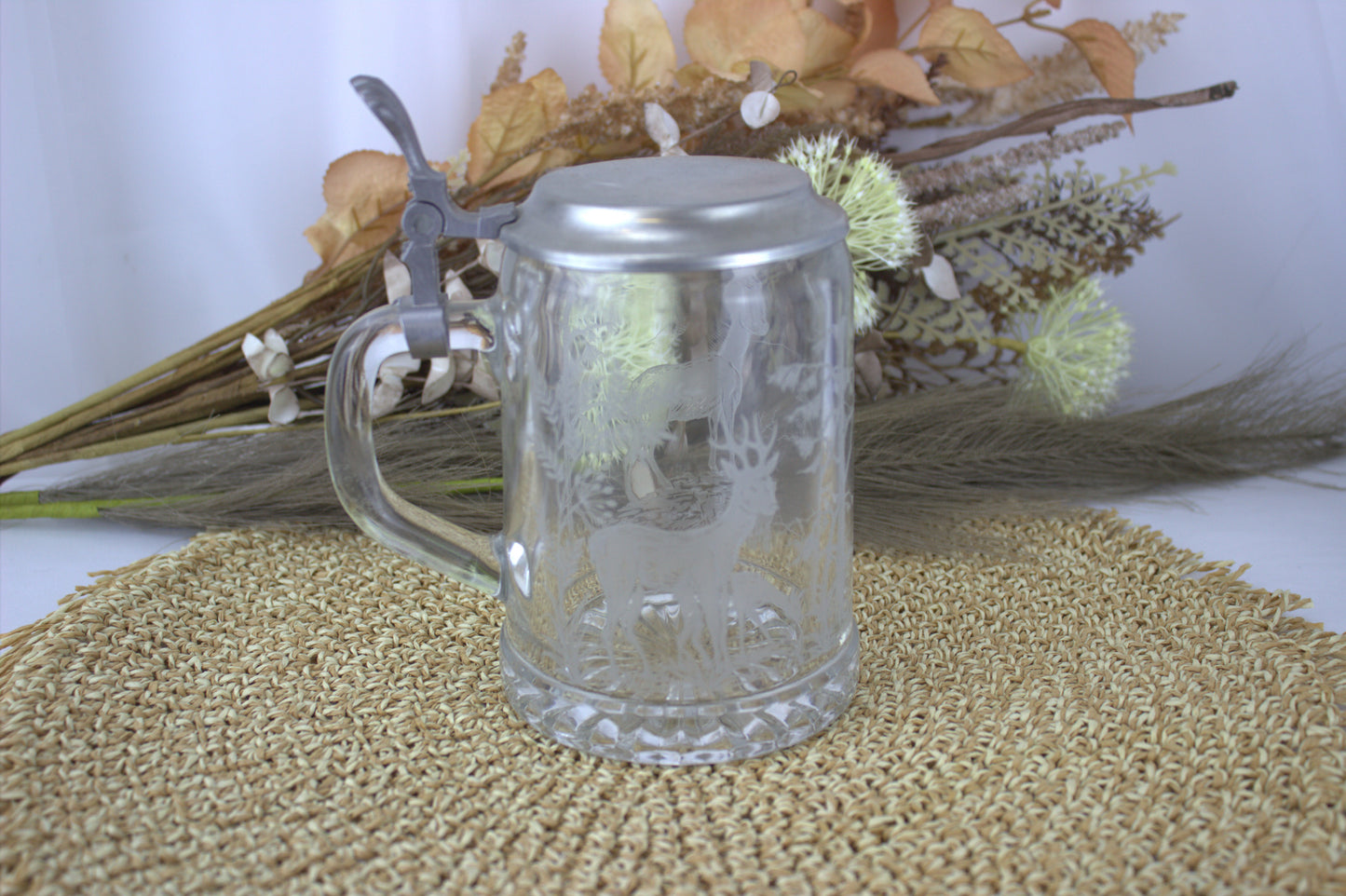 Vintage ALWE German Glass Beer Stein with Etched Deer Design