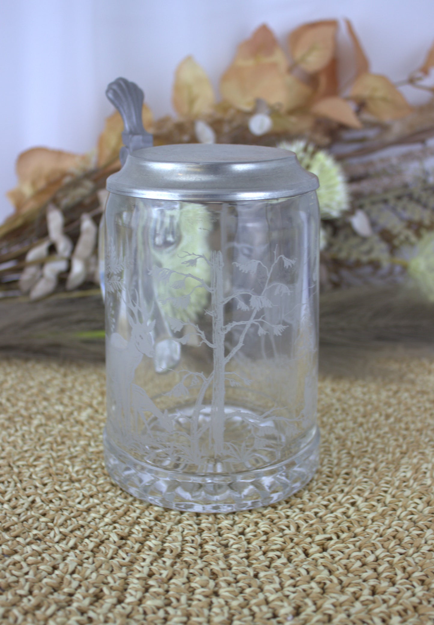 Vintage ALWE German Glass Beer Stein with Etched Deer Design