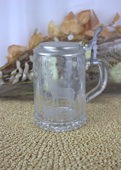 Vintage ALWE German Glass Beer Stein with Etched Deer Design