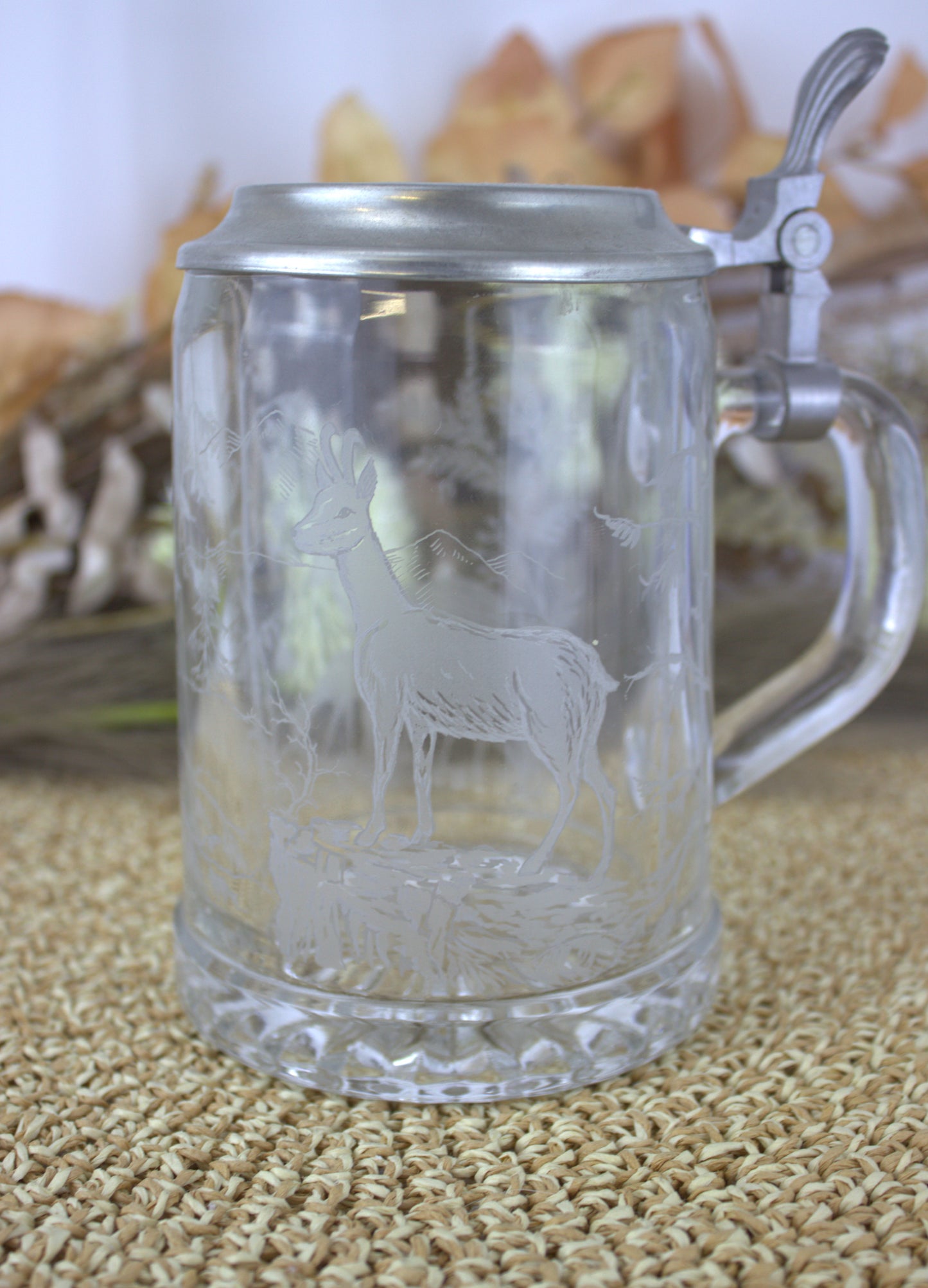 Vintage ALWE German Glass Beer Stein with Etched Deer Design