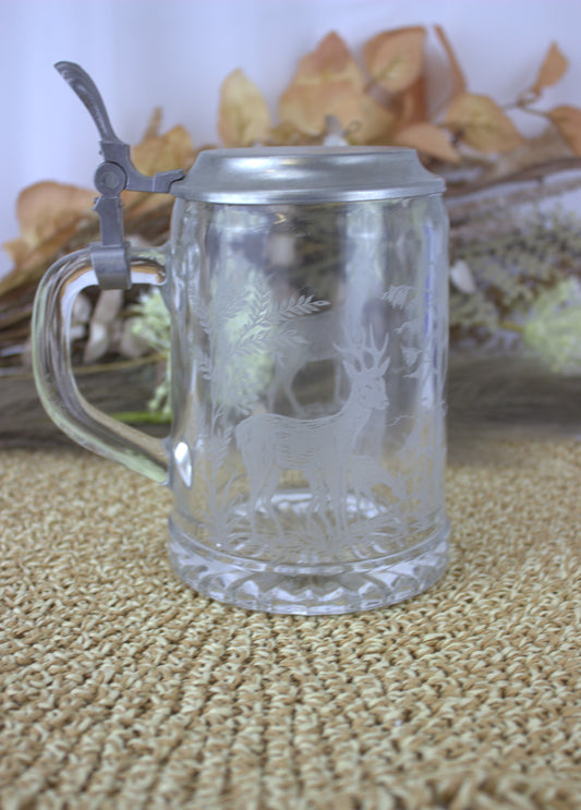 Vintage ALWE German Glass Beer Stein with Etched Deer Design