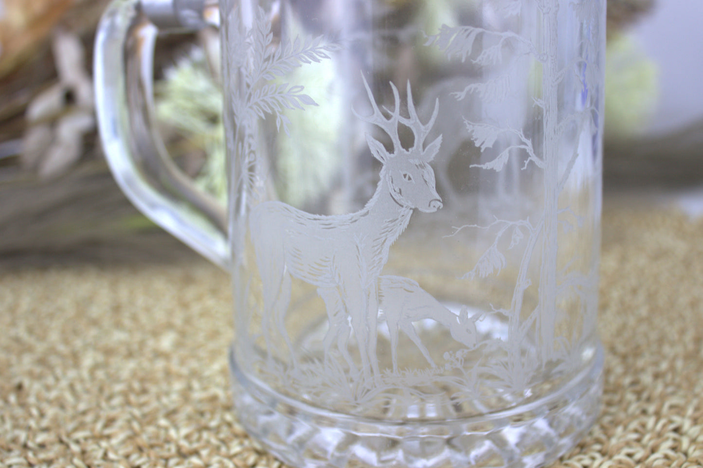 Vintage ALWE German Glass Beer Stein with Etched Deer Design