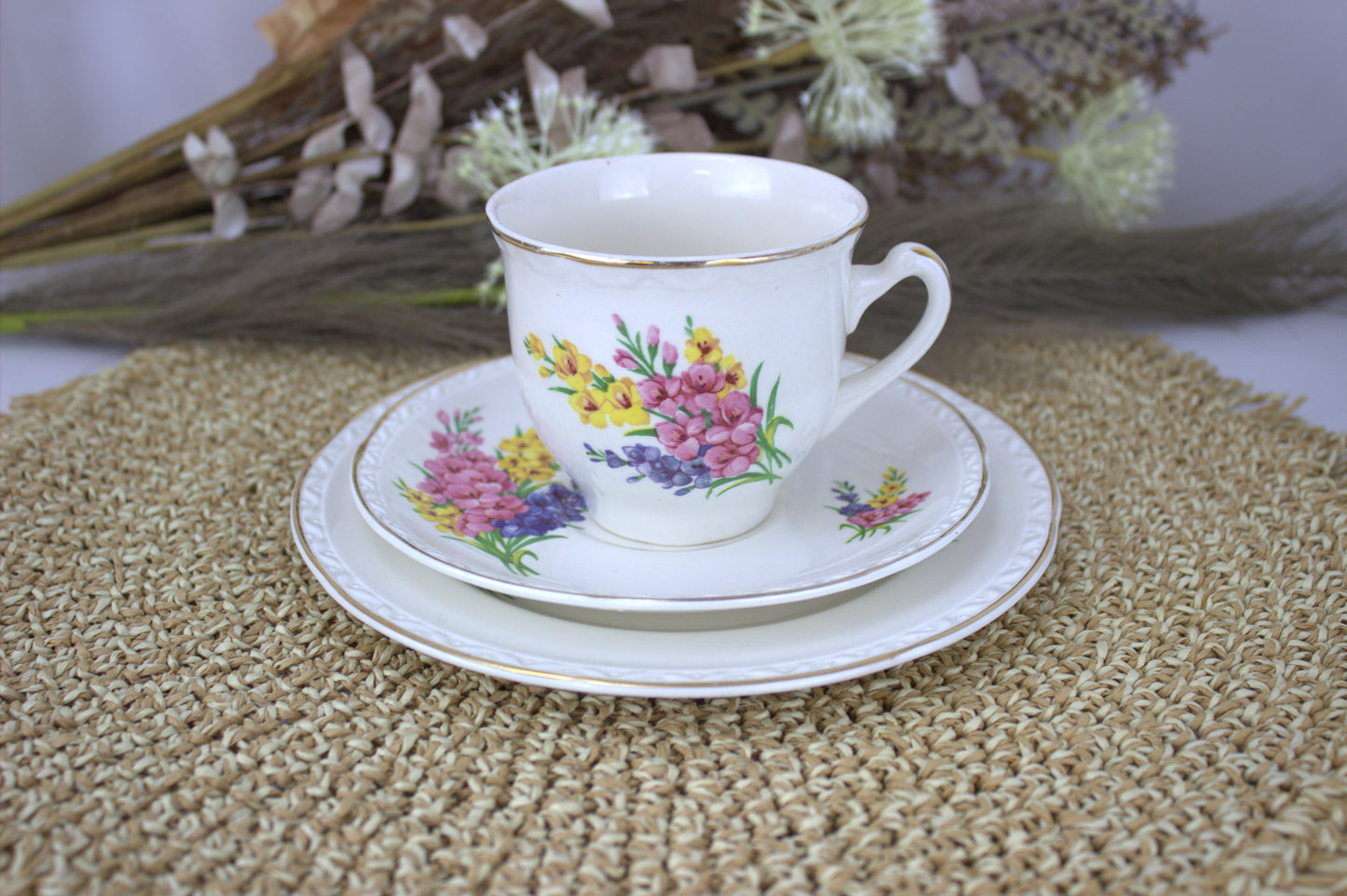 Weatherby Hanley England Royal Falcon Ware Teacup, Saucer, and Side Plate Set