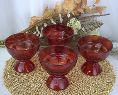 Set of 4 Vintage Red Glass Dessert Bowls with Intriguing "P" Marking