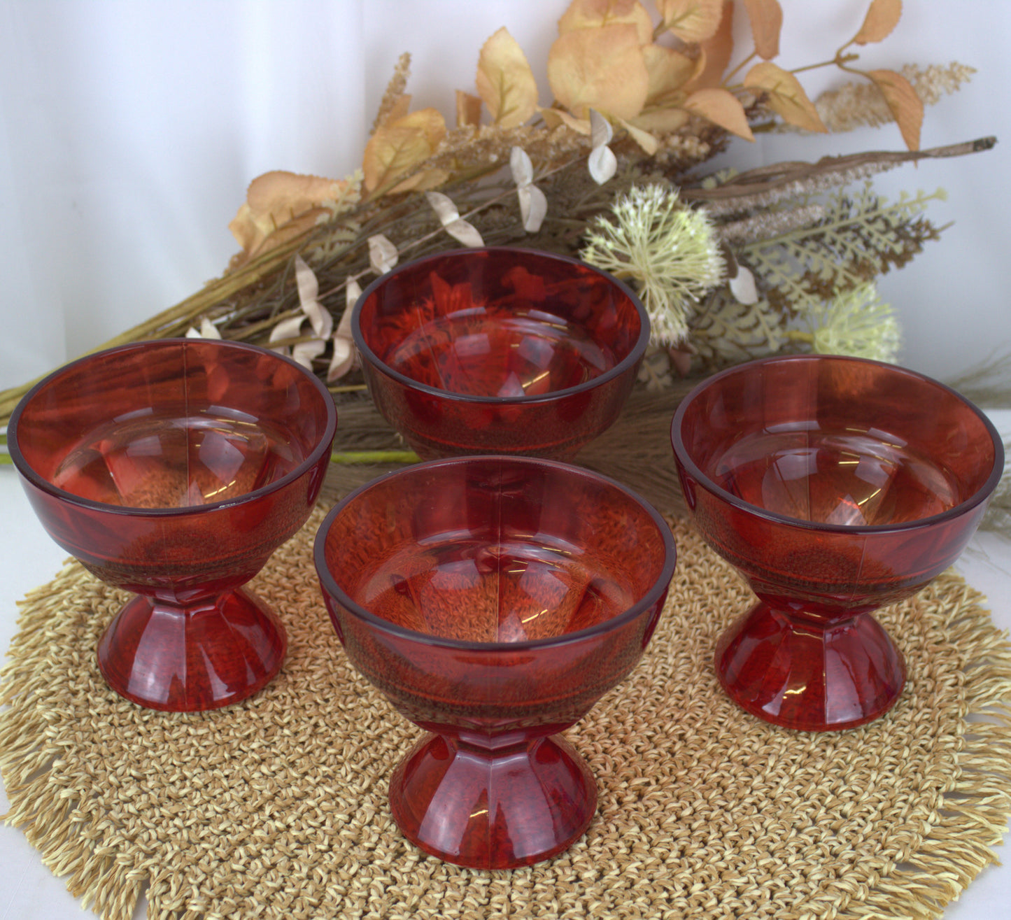 Set of 4 Vintage Red Glass Dessert Bowls with Intriguing "P" Marking