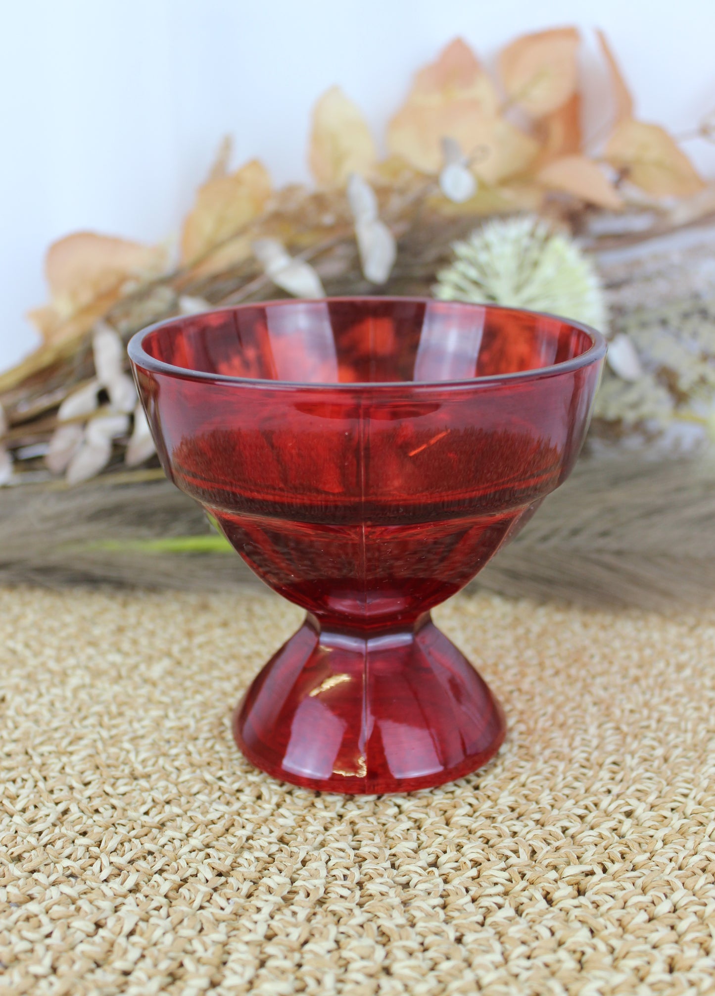 Set of 4 Vintage Red Glass Dessert Bowls with Intriguing "P" Marking