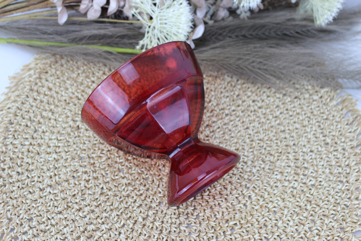 Set of 4 Vintage Red Glass Dessert Bowls with Intriguing "P" Marking