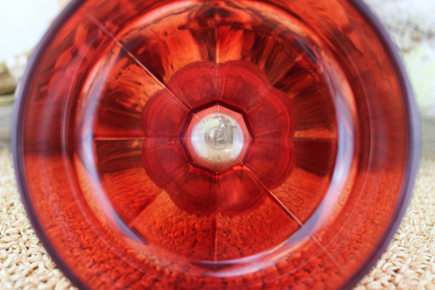 Set of 4 Vintage Red Glass Dessert Bowls with Intriguing "P" Marking