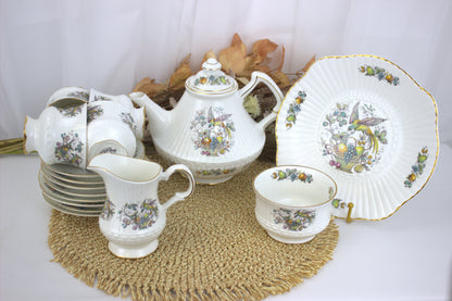 Rare Discontinued 1970s Royal Tara "Bird and Fruit" Bone China Tea Set - 17-Piece Collection