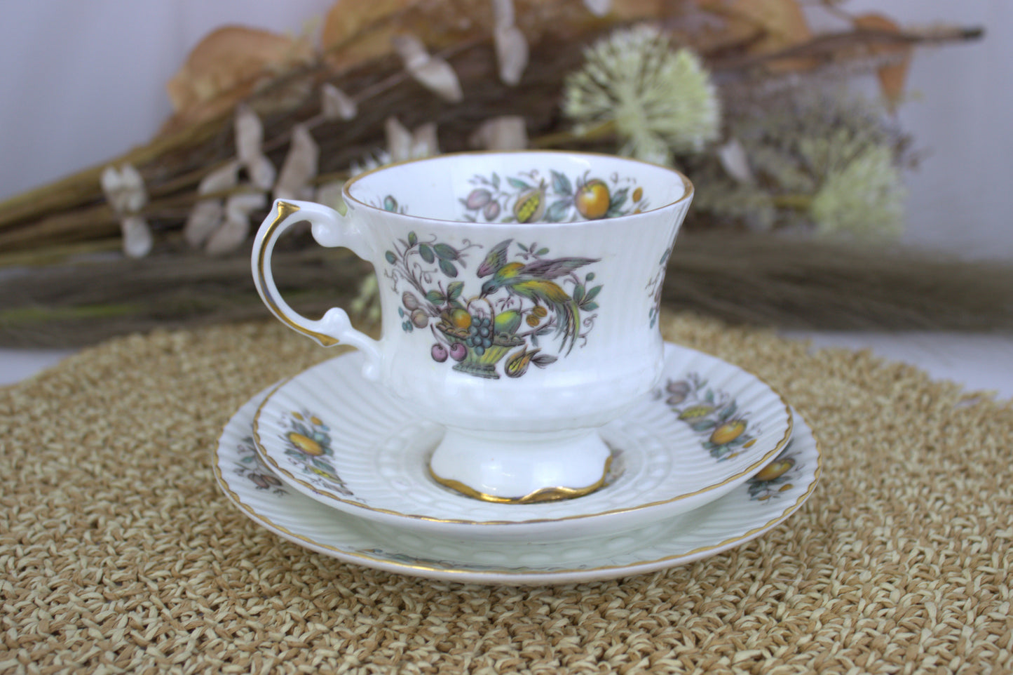 Rare Discontinued 1970s Royal Tara "Bird and Fruit" Bone China Tea Set - 17-Piece Collection