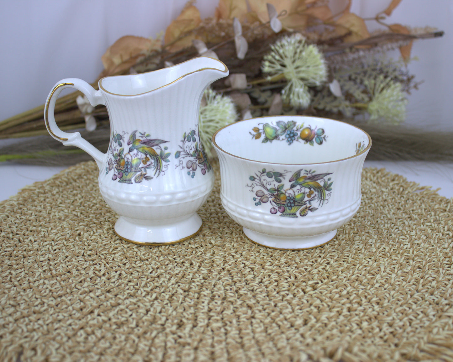 Rare Discontinued 1970s Royal Tara "Bird and Fruit" Bone China Tea Set - 17-Piece Collection