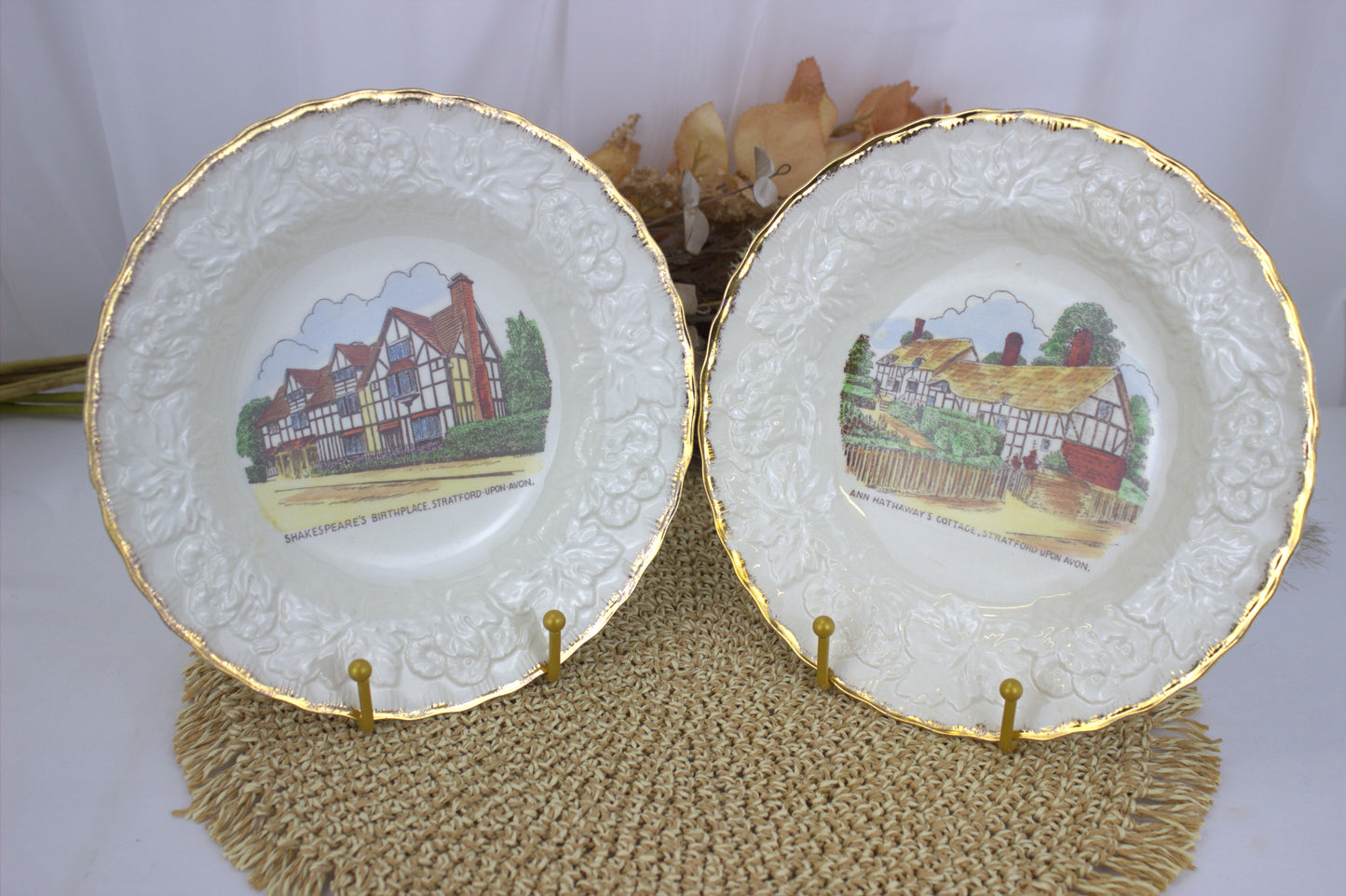 Vintage 1950s Alfred Meakin Souvenir Plates - Shakespeare's Birthplace & Anne Hathaway's Cottage, Stratford-upon-Avon