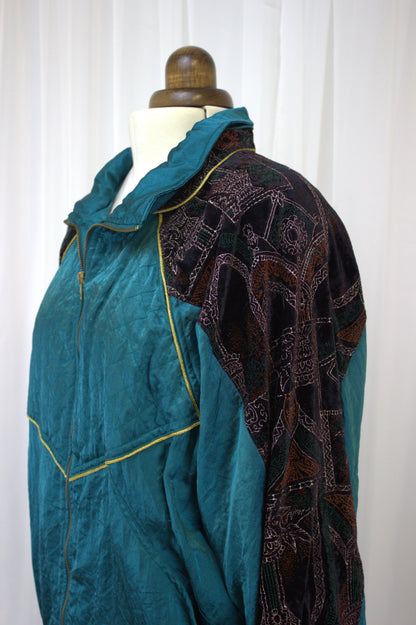 Vintage Teal & Velvet Embroidered Bomber Jacket - Size 12