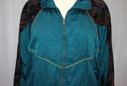 Vintage Teal & Velvet Embroidered Bomber Jacket - Size 12