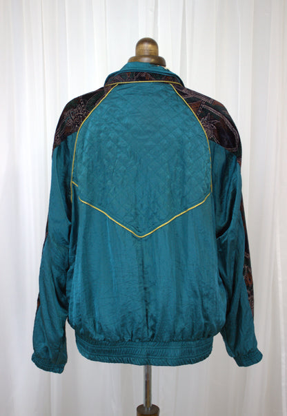 Vintage Teal & Velvet Embroidered Bomber Jacket - Size 12