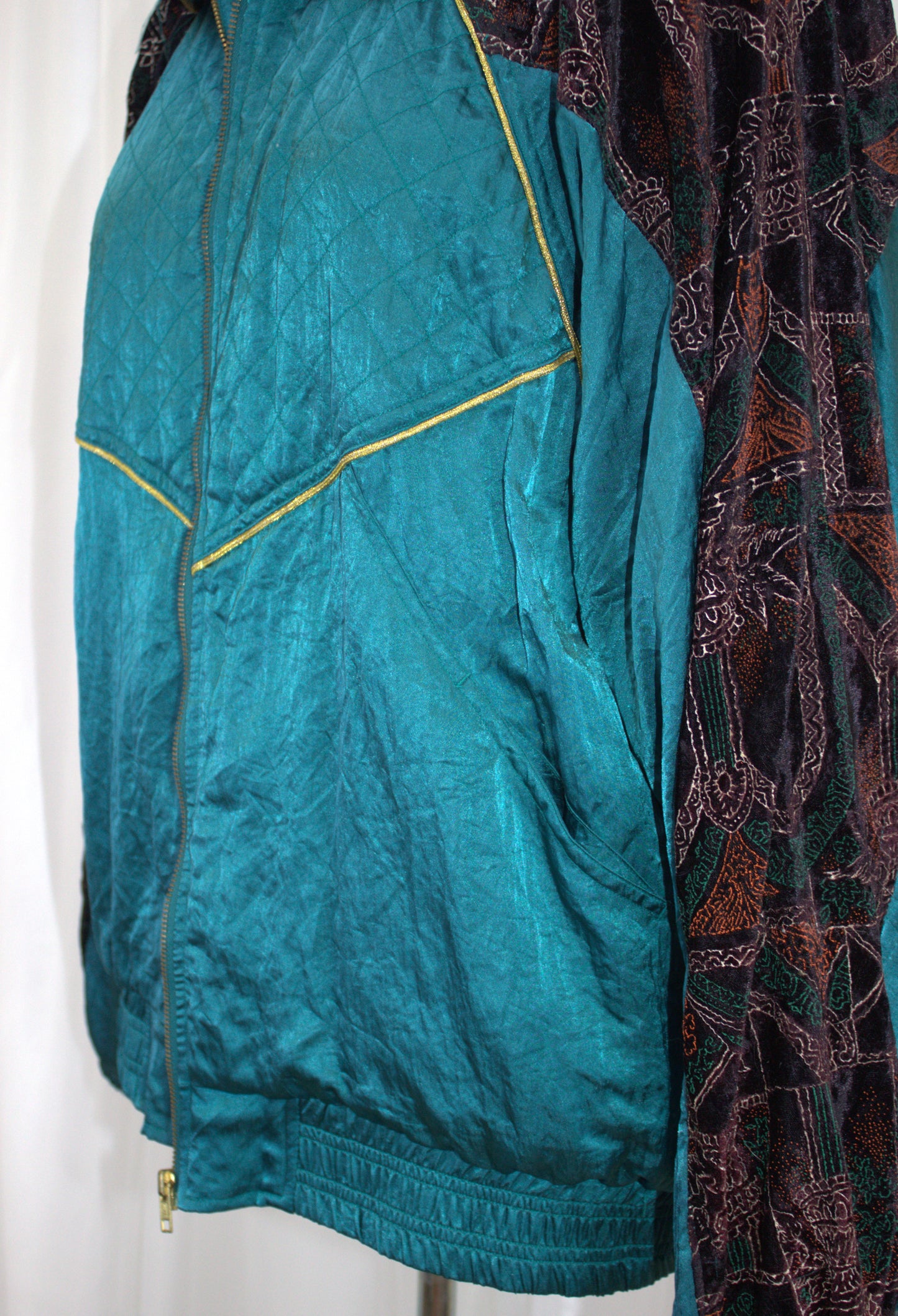 Vintage Teal & Velvet Embroidered Bomber Jacket - Size 12