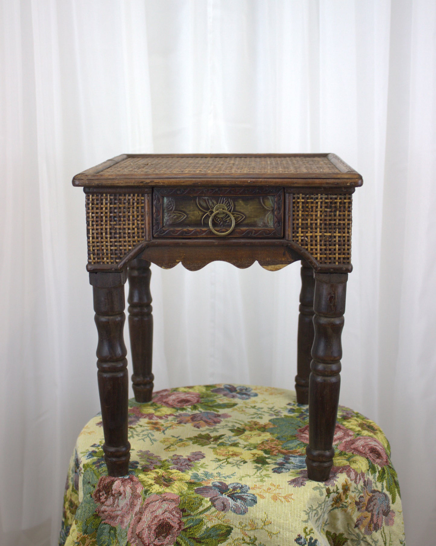 Vintage Wicker Side Table with Brass Decorative Plate – 15" Tall, 13" Wide